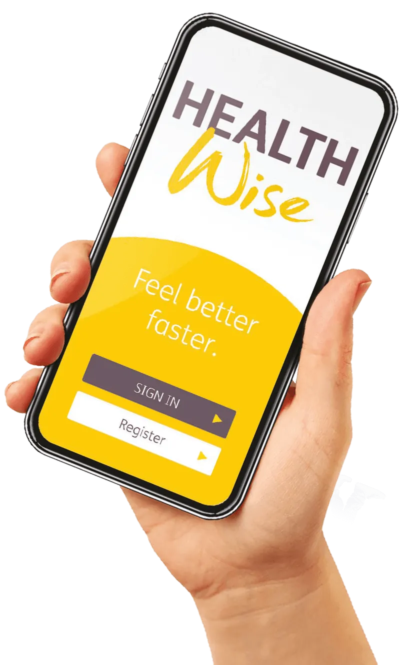 Hand holding phone showing HealthWise app
