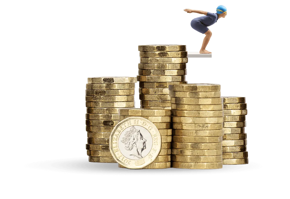 Stack of pound coins, with diver jumping of the top